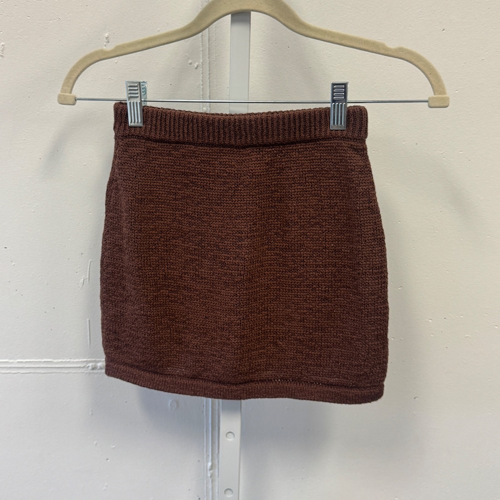 Peppermayo Chocolate Brown Knit Mini Skirt XS Textured Elastic Waist Ribbed Boho
